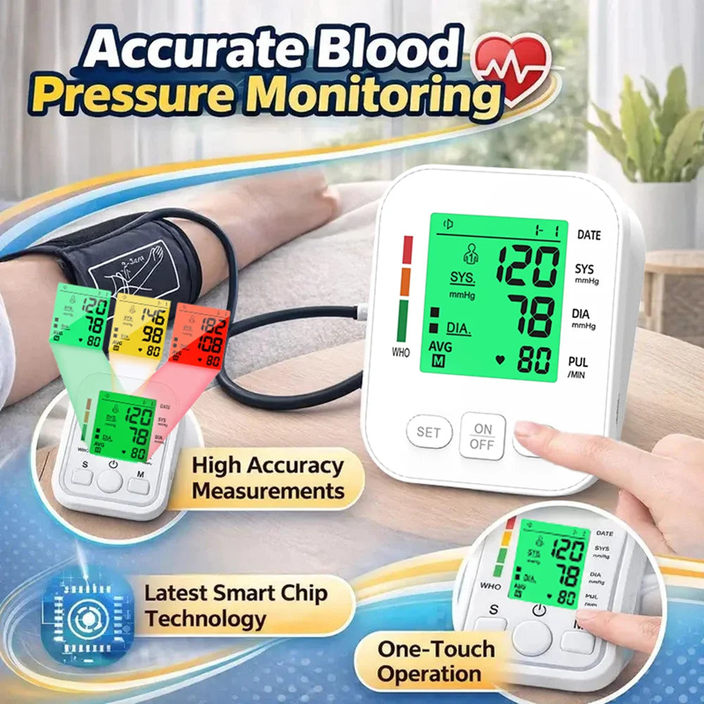3 Color Backlight Blood Pressure Monitor Upper Arm Pressure Device Automatic BP 36cm Cuff Machine for Medical Home Health Care