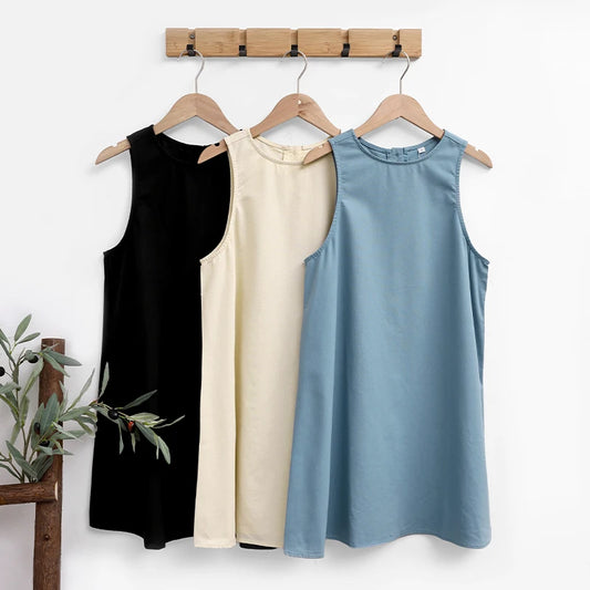 Classic Solid Color Cotton-Linen Women's Dress New Arrival Simple Sleeveless Tank Dress Casual Round-Neck Summer Dresses
