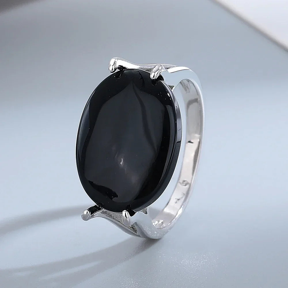 S925 Sterling Silver Natural Large Black Agate Stone Ring 13*18mm Oval Shape Vintage Black Rings Fine Jewelry For Men