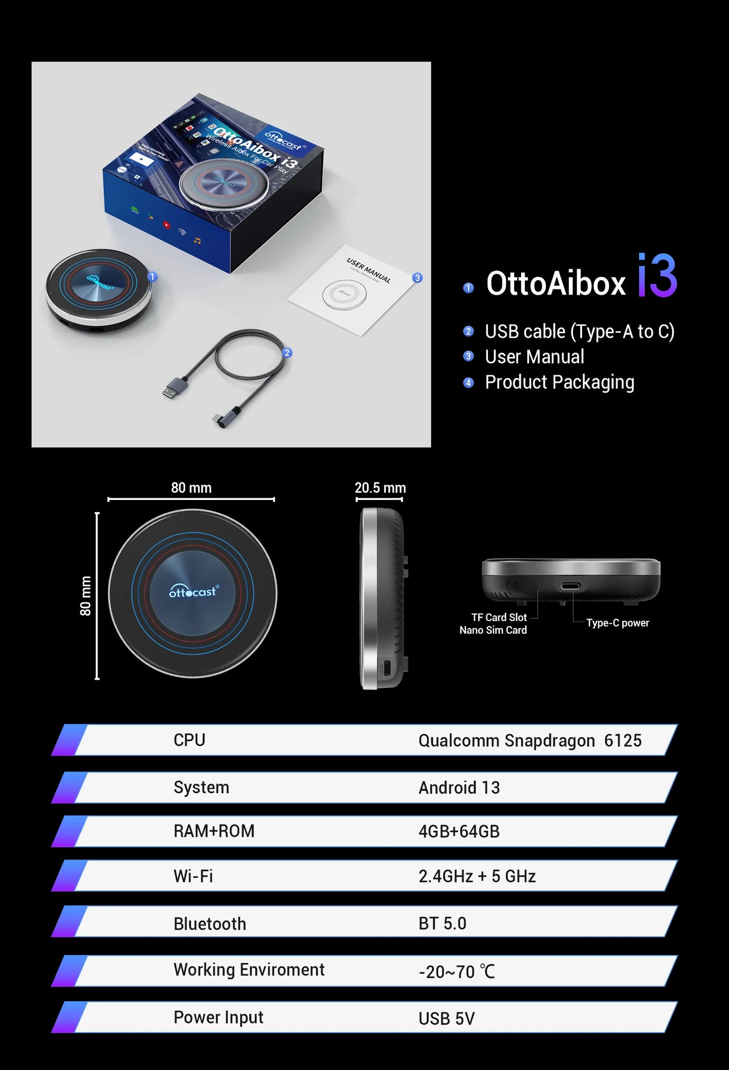 OTTOCAST i3 Carplay Ai Box Wireless CarPlay Adapter Android 13 QCM 6125 Play Store Netflix Youtube Video Box for BMW MG Hyundai