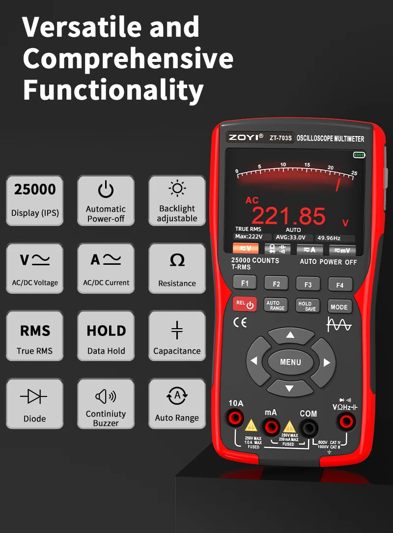 ZOYI 3-in-1 digital multimeter 50MHz bandwidth 280MS rate PC waveform data storage dual oscilloscope signal generator auto repai