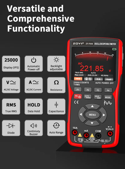 ZOYI 3-in-1 digital multimeter 50MHz bandwidth 280MS rate PC waveform data storage dual oscilloscope signal generator auto repai