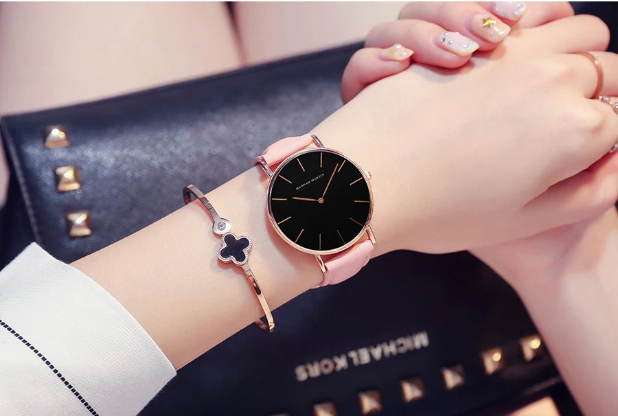 Hannah Martin Hot New Ms Fashion Simple Quartz Movement Watch High Quality Leather Strap Waterproof Lady Watch Relogio Feminino