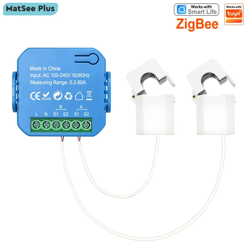 Smart ZigBee Energy Meter Bidirectional 1, 2 Channel with 80A Current Transformer Clamp App Monitor Power Need Gateway