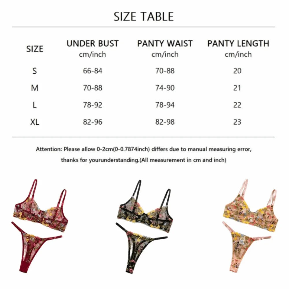 2-Piece Floral Lingerie Set Sheer Embroidery Underwear Intimates Underwire Push-up Versatile Bra Panty Set For Lady Girl