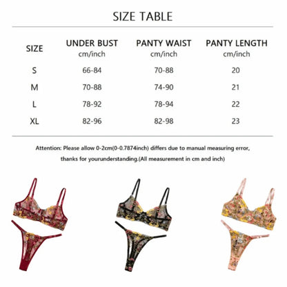 2-Piece Floral Lingerie Set Sheer Embroidery Underwear Intimates Underwire Push-up Versatile Bra Panty Set For Lady Girl