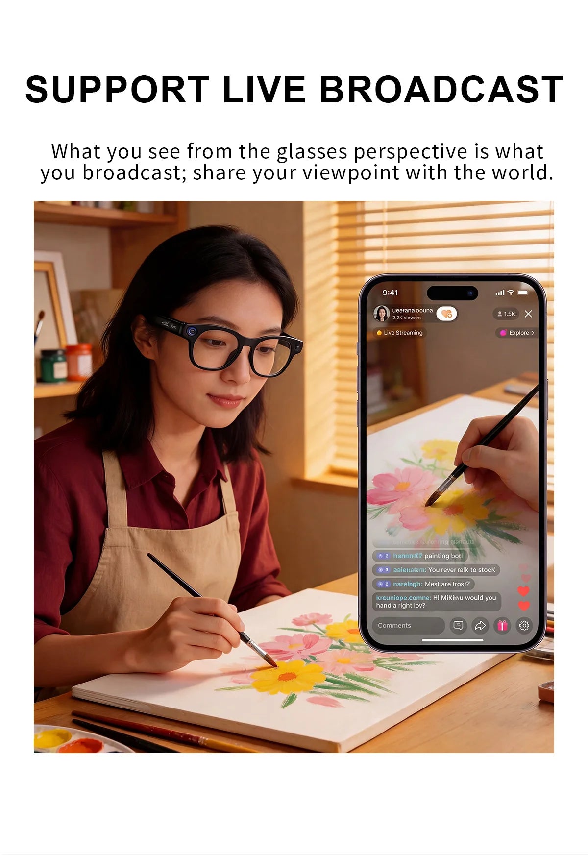 CY03 AI Smart Glasses with Camera 1600x1200 Video Recording Open-Ear Bluetooth 5.3 Headphones Real-time Translation Touch Contro