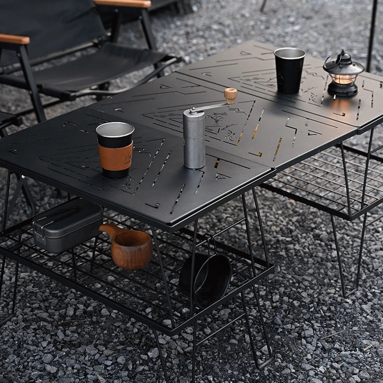 Outdoor Multifunctional BBQ Table, Portable Camping Mesh Table, Mini Storage Rack, Folding Table and Chairs, Drainage Bowl Rack