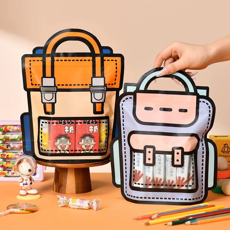 10-50 PCS Cartoon Self-Sealing Snack Bags Schoolbag Shape Biscuit Candy Handbags Children's Day Kids Birthday Gift Packaging Bag