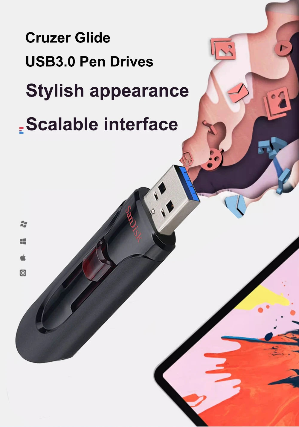 SanDisk Cruzer Glide 3.0 USB Flash Drive Pen 16GB 32GB Memory Stick 64GB 128GB 256GB retractable USB connector for Computer