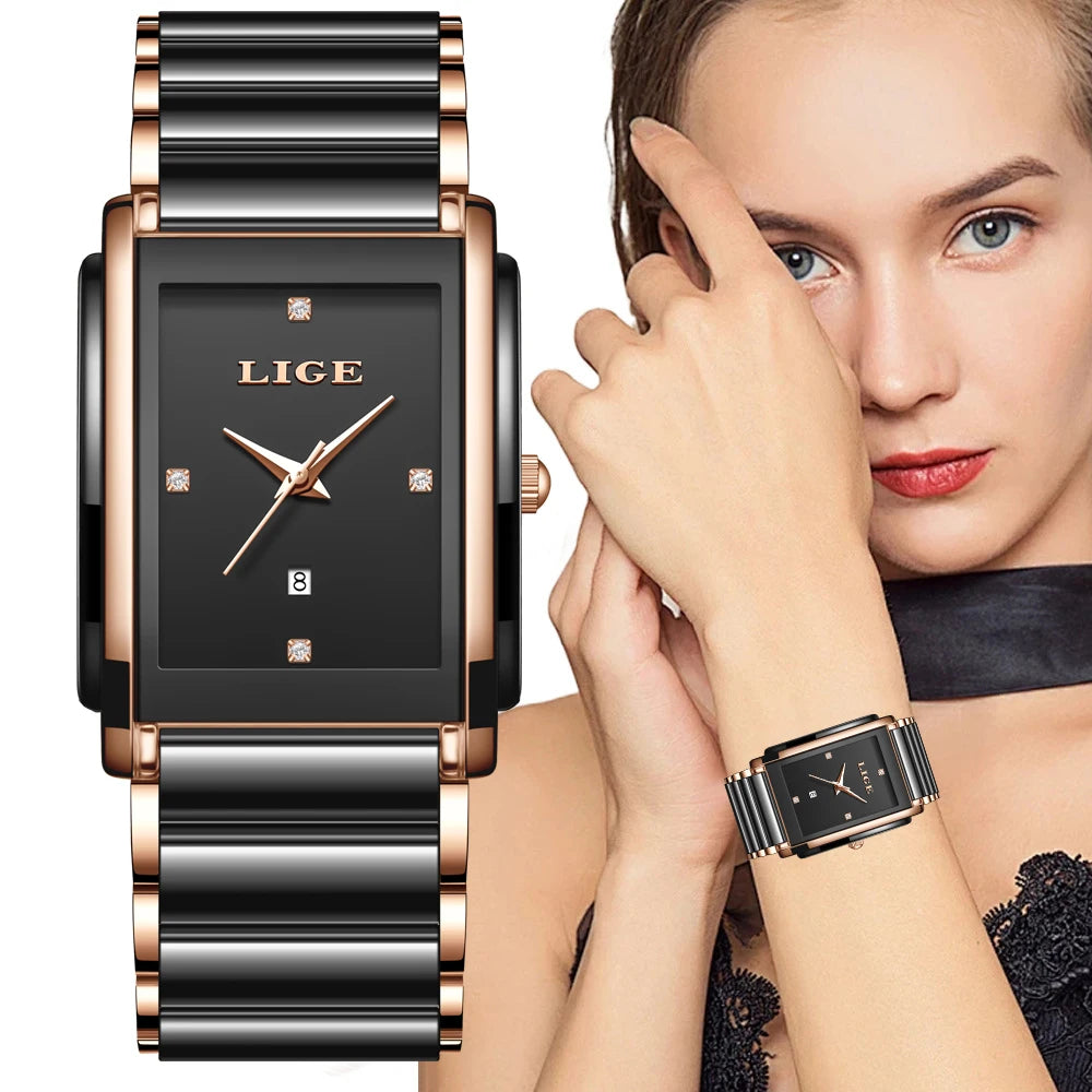 LIGE Creative Square Watch For Women Fashion Elegant Women's Bracelet Watch Stainless Steel Waterproof Date Quartz Wristwatches