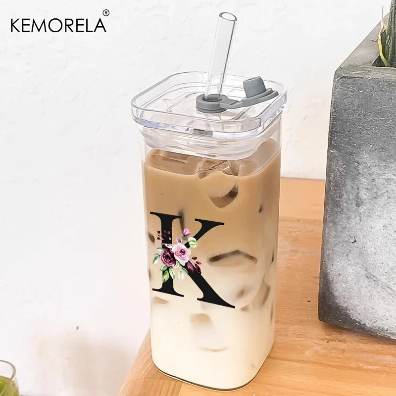 1PCS 24 Letter-Shaped Glass Tumblers with Lid And Straw Coffee Tumbler 300ML Clear Square Drinking Tumbler For Coffee Beer Milk