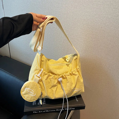 Chic Nylon Crossbody Bag Casual Drawstring Messenger Bag with Detachable Pouch, Adjustable Strap Shoulder Purse for Daily Travel