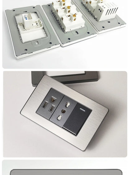 118 US Mexico Grey Stainless Steel Brushed 2way Electrical Light Switch Home Wall Socket Plug Double USB Type-C Power Outlet