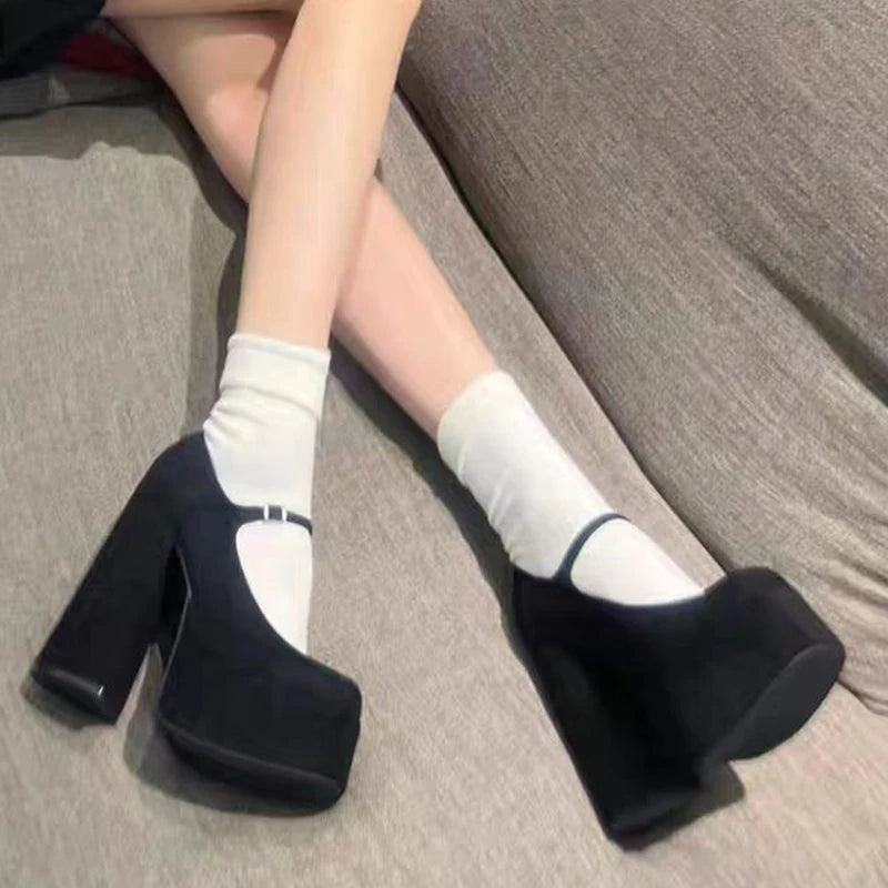 Women Heels Elegant Pumps Lady Shoes PU Leather Chunky Platform Punk Square Head Party Prom Sandals Fashion Outdoor Shoes Female
