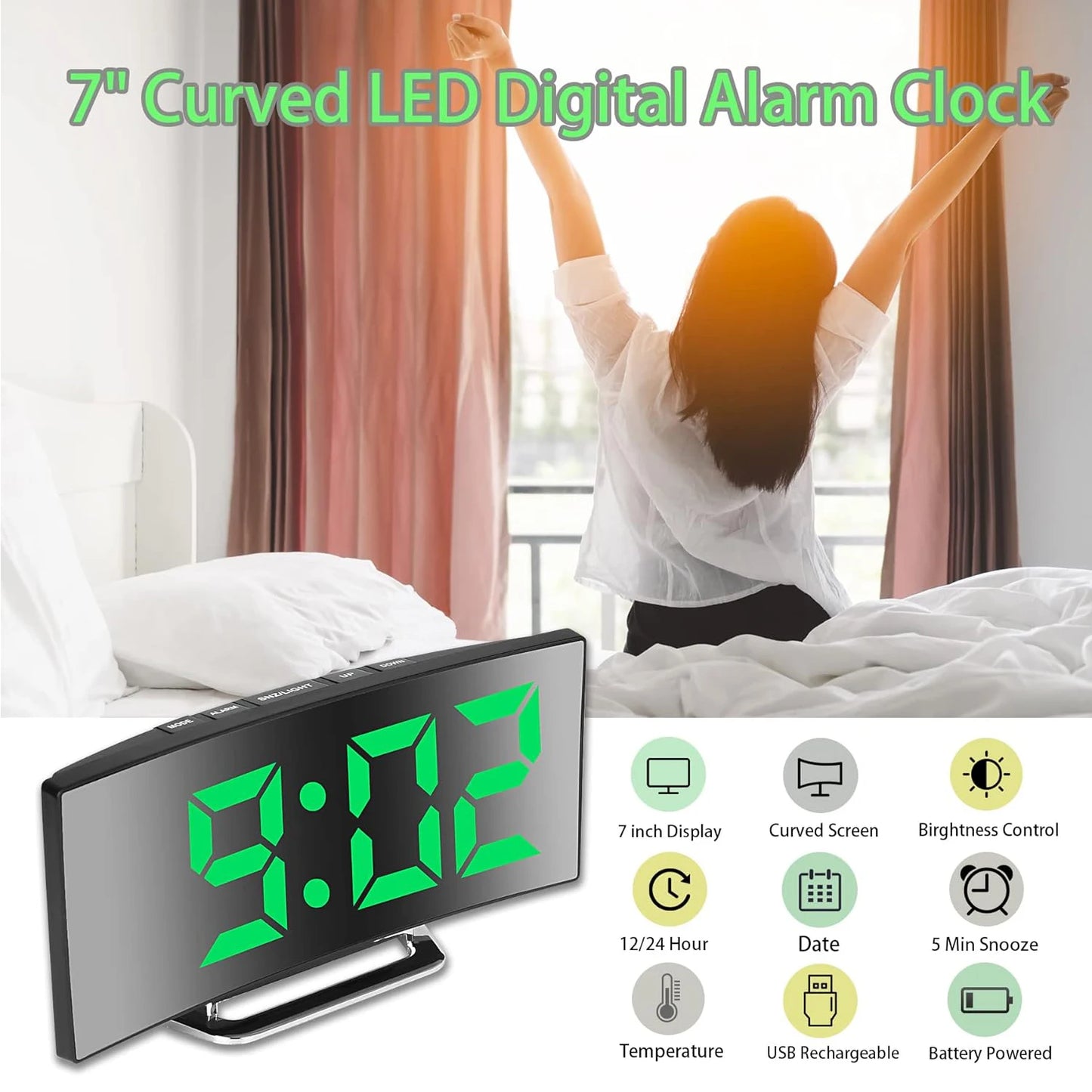 LED Alarm Clock 7'' Mirror Electronic Clock Large Scree Curved Digital Alarm Clock with 5-Min Snooze for Home Bedroom Office
