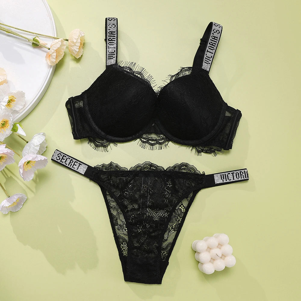 New V Lace Lingerie Set Women's Sexy Bra and Panty Set Comfortable push up Shapewear Adjustable Padded Gathered