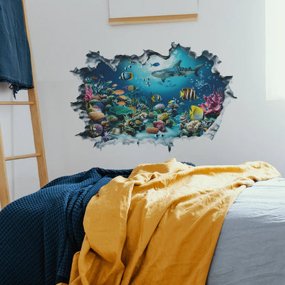 New 3D Wall Stickers Shark Broken Wall Aquarium Ocean Wall Stickers for Kids Rooms Bathroom Kitchen Home Decor Cartoon