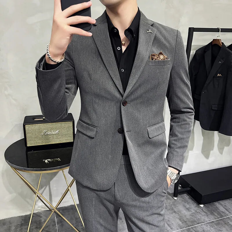 High quality Korean slim fit (suit + trousers) Fashion business handsome casual solid color wedding suit two-piece set