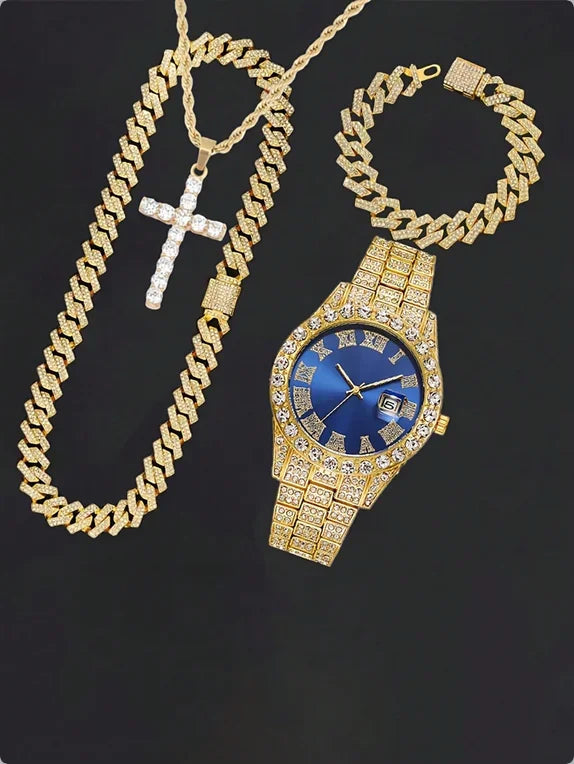Men's Hip Hop Trendy Fashion Large Dial Diamond Inlaid Cuban Chain Watch Set