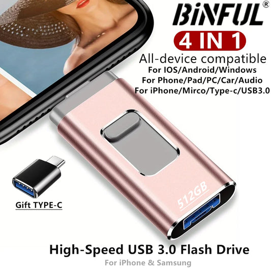 512GB Phone photo Stick USB 3.0 Flash Drive for iPhone Samsung Type-C MFi Certified 128GB/256G Memory Storage Stick Videos Files