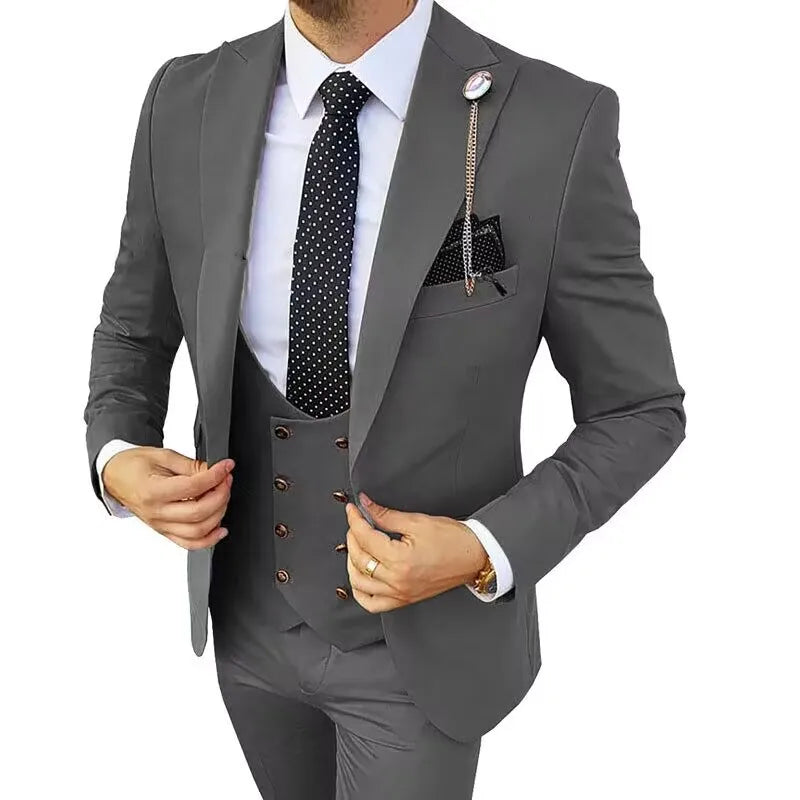 Solid Men's 3 Piece Suit Slim Fit Men Tuxedo Suit Party Wedding Prom Business One Button Peak Lapel Blazer Jacket Vest Pants Set