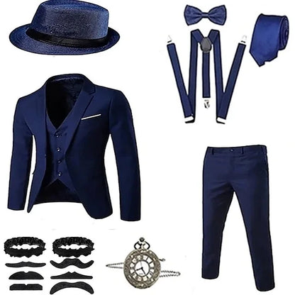 Retro Gatsby 1920S Men's Slim Fit Suit Set with Hat Vest Shirt for Engagement Party Dress Up