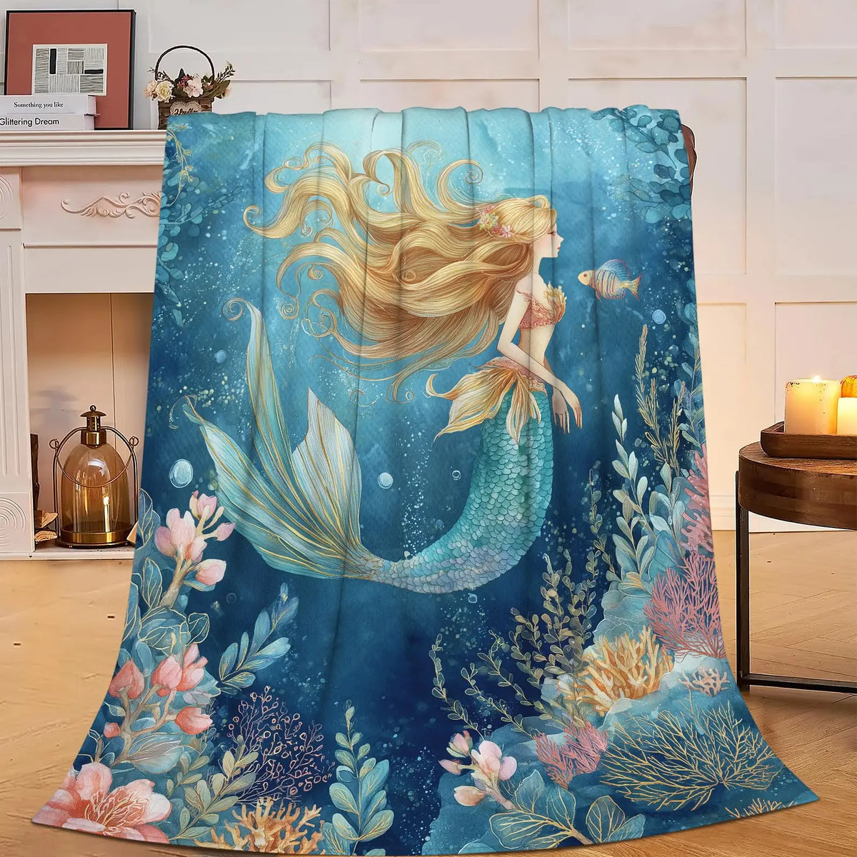 Vintage Grunge Great White Shark Letter Print Flannel Throw Blanket, Soft Warm Sofa Cover, Ocean Gift For Bedroom Daily Rest Use