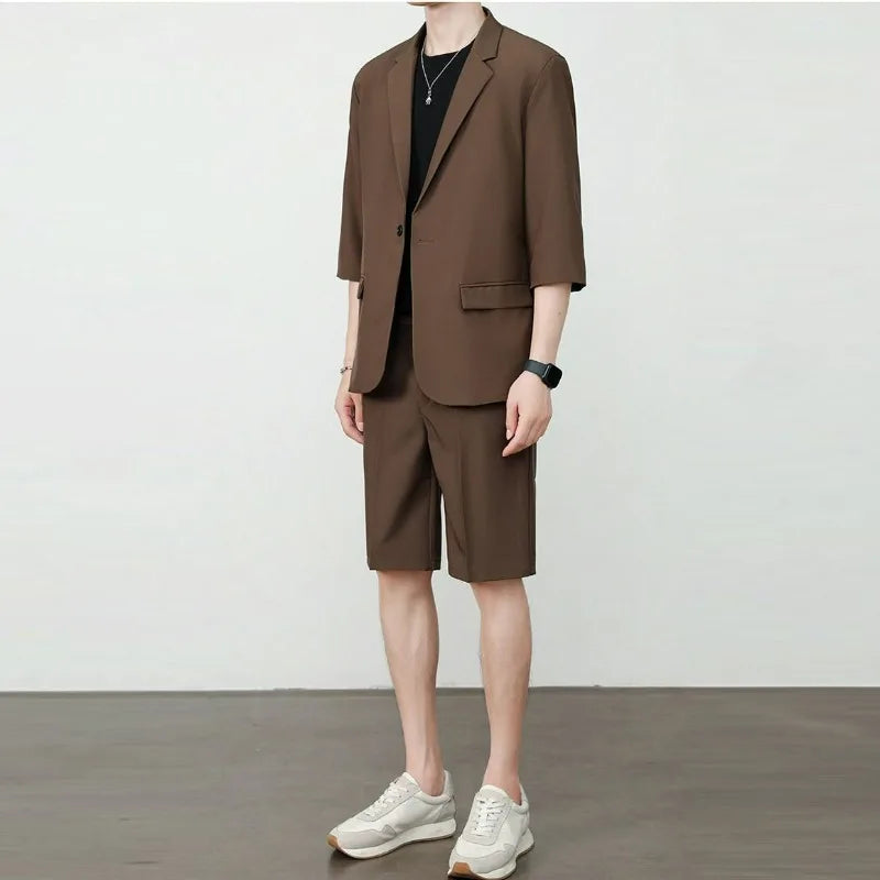 KIDWHXR Summer Men Outfit Thin Breathable Solid Color Male 2-piece Suit Set Loose Business Casual Man Short Sleeve Suits