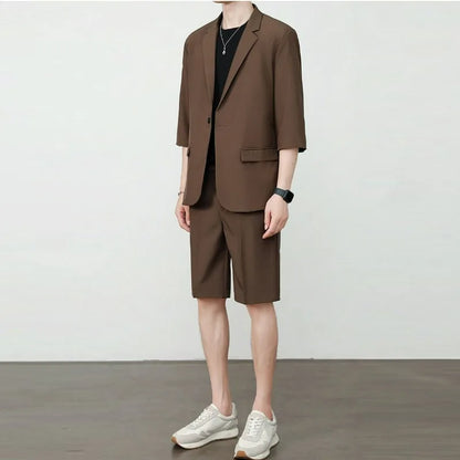 KIDWHXR Summer Men Outfit Thin Breathable Solid Color Male 2-piece Suit Set Loose Business Casual Man Short Sleeve Suits
