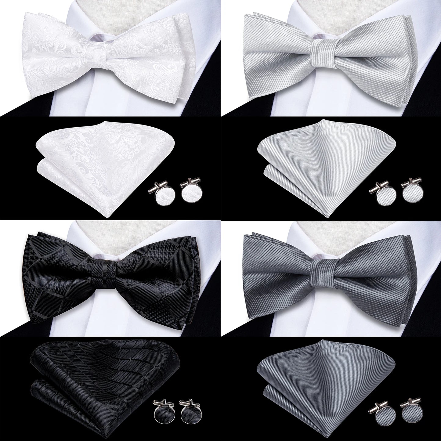 Hi-Tie Mens Bow Tie Hanky Cufflinks Set White Black Gray Silver Pre-tied Butterfly Knot Bowtie for Male Wedding silk Business