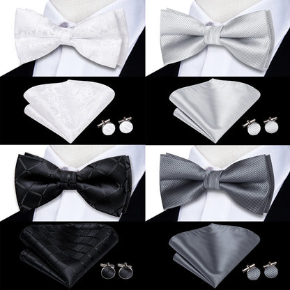 Hi-Tie Mens Bow Tie Hanky Cufflinks Set White Black Gray Silver Pre-tied Butterfly Knot Bowtie for Male Wedding silk Business