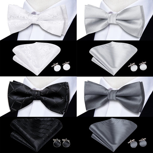 Hi-Tie Mens Bow Tie Hanky Cufflinks Set White Black Gray Silver Pre-tied Butterfly Knot Bowtie for Male Wedding silk Business