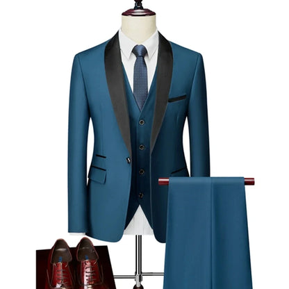 ( Jacket + Vest + Pants ) Men's 3 Piece Tuxedo Suit Set, Beige Blazer with Black Shawl Lapel for Wedding, Groom, Formal Party