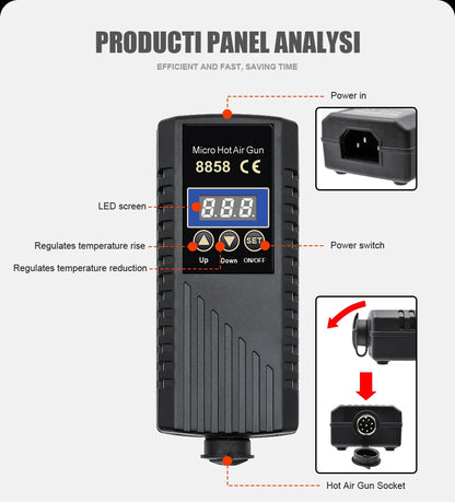 JCD 8858 Mikropistolet na gorące powietrze 750W Stacja lutownicza do poprawek LCD Cyfrowa suszarka do włosów do lutowania 110V Opalarka Narzędzia do naprawy spawalniczej
