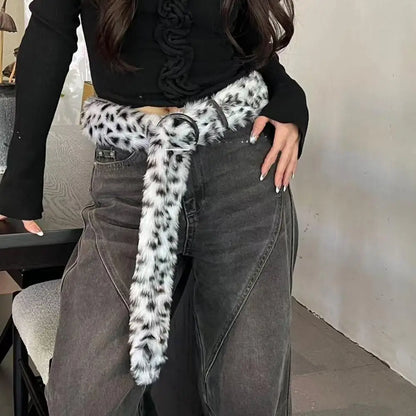 Retro Leopard Print Faux Fur Belt Y2k Pink Fur Belts Punk American Sexy Women's Waistband Winter Fluffy Waist Belt Accessories