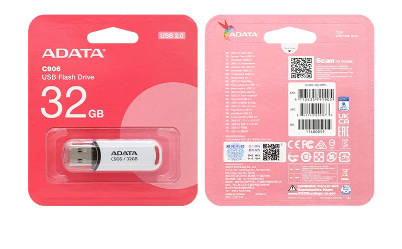 ADATA USB 2.0 Flash Disk C906 Memory Stick 8GB 16GB 32GB 64GB USB Flash Drive White Black Mini Portable Pen Drive For Computer