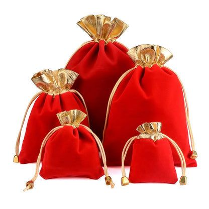 25/50pcs/Lot Golden Color Edge Velvet Jewelry Gift Bag 5x7 7x9 9x12cm Drawstring Wedding Display Sweets Packing Bag Wholesale