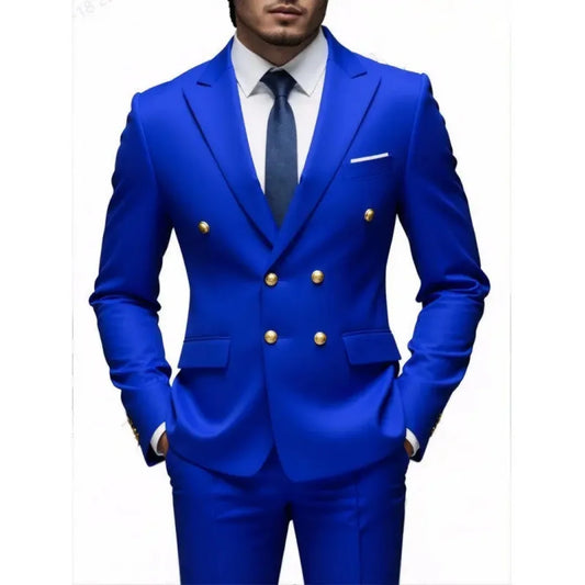 Custom Made Royal Blue Groom Tuxedo Lapel Double Breasted Men Suit Prom Wedding Party Men Suits Costume ( Jacket+Pants)