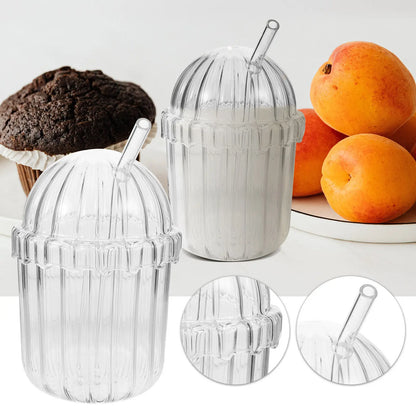 Glass Straw Cup High Borosilicate Clear Large Capacity Vertical Stripe Design Reusable Juice Milk Beverage Drinking Glass