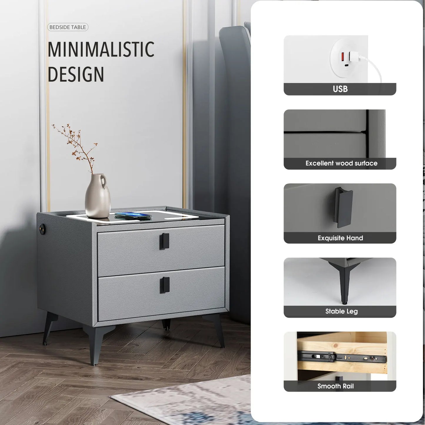 1Pcs Gray Bedside Table with Wireless Charging & USB Charging Station, Led Bedside Table with 2 Drawers, Smart Nightstand Organizer for Bedroom Use