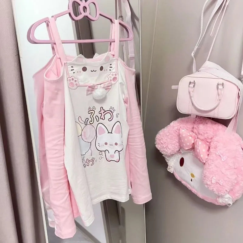 Sweet Japanese T-shirts Women's Clothing Pink Butterfly Patchwork Lace Slash Neck Tees Anime Print Off Shoulder Cute Y2k Tops