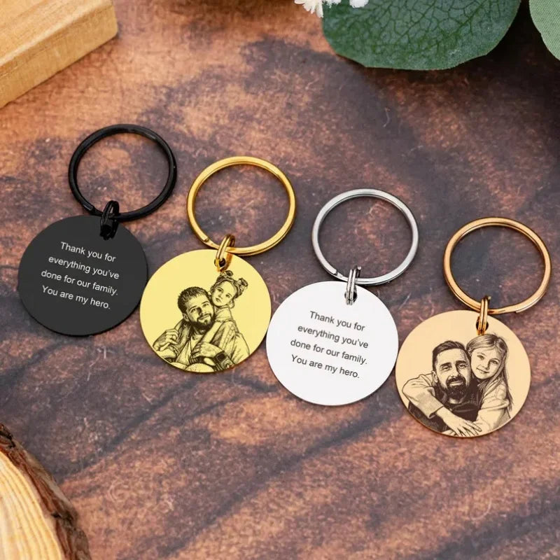 Custom Photo Engraved Keychain Personalized Family Portrait Round Stainless Steel Key Ring Custom Picture Key Gift For Dad