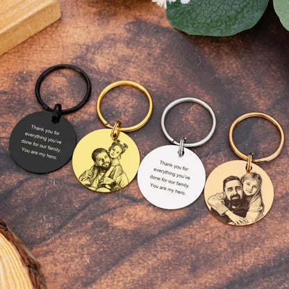 Custom Photo Engraved Keychain Personalized Family Portrait Round Stainless Steel Key Ring Custom Picture Key Gift For Dad