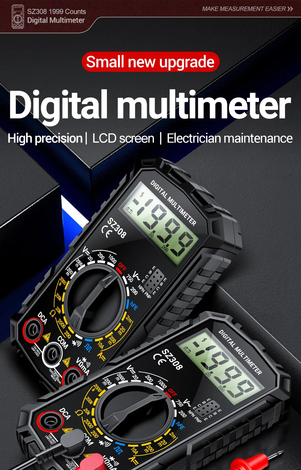 ANENG SZ308 1999 Count Digital Multimeter AC/DC High-Precision Multi-function Voltage Current Resistance Multimeter Tester Tools