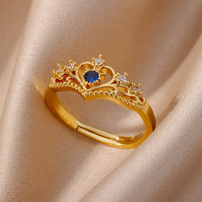 Blue Zircon Crown Rings For Women Stainless Steel Gold Color Adjustable Crown Ring 2026 Trend Design Female Wedding Jewerly Gift