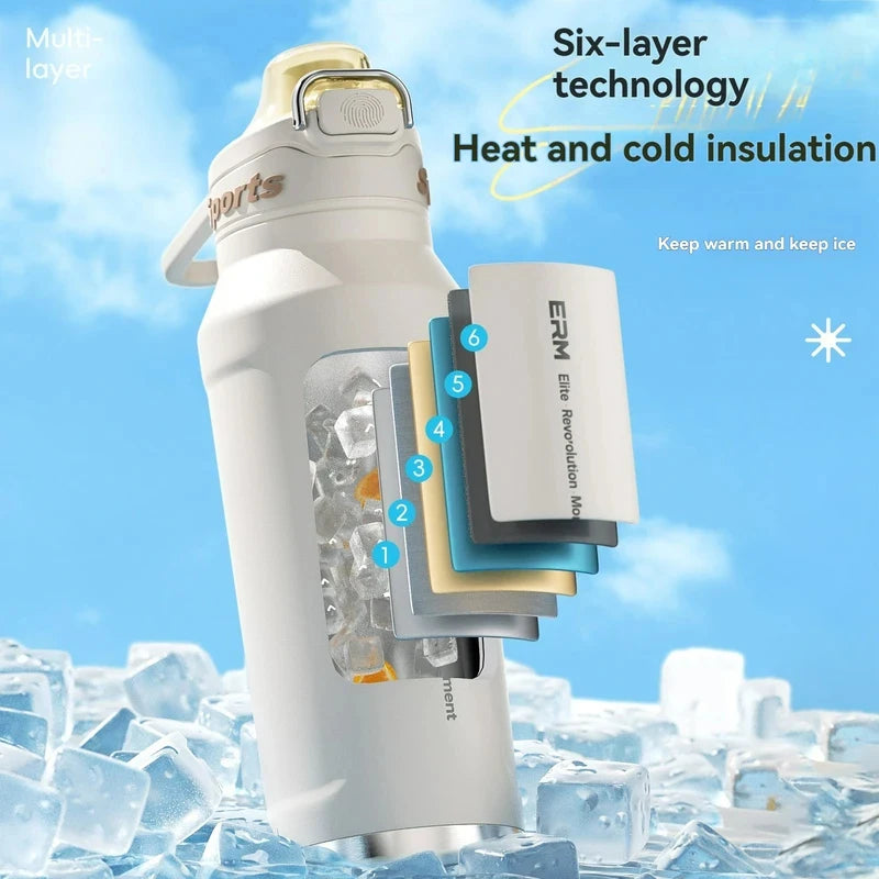 1L Stainless Steel Thermos Bottle, Iced & Heat Insulated Cup, Hiking Cycling Fitness Vacuum Flask with Handle