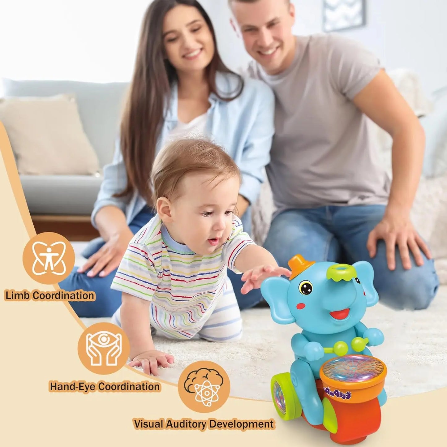 Baby Crawling Toy: Electronic Walking Elephant Drummer with Floating Ball, LED Lights, Music & Sounds | Interactive Sensory Toy