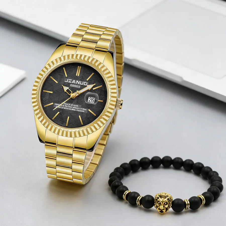 Luxury men's steel band watch calendar embossed atmosphere trend gold business quartz watch 2-piece set lion bracelet watch