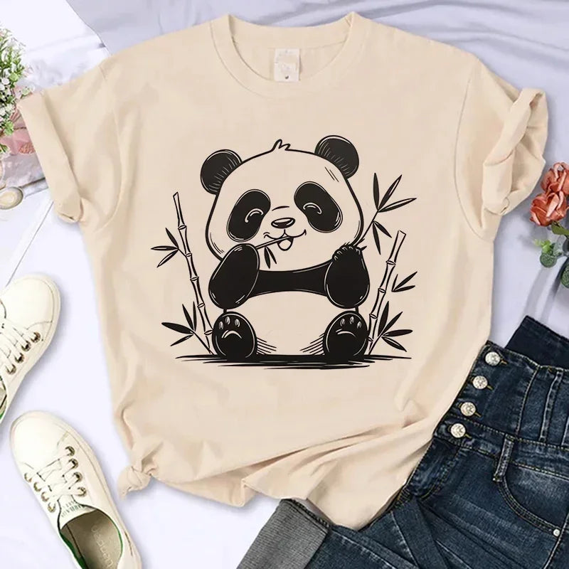 Cartoon Casual Creative T-shirt Vintage Round Neck Clothes Funny Cute Panda Printed T Shirt for Women Summer Sleeve